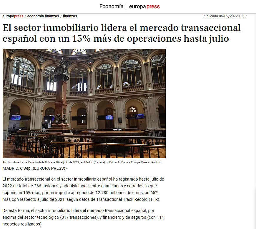 El sector inmobiliario lidera el mercado transaccional espaol con un 15% ms de operaciones hasta julio